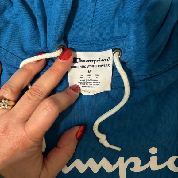 EUC Champion Men's Medium Blue Cotton Logo Long Sleeve T-shirt Hoodie - Picture 2 of 7